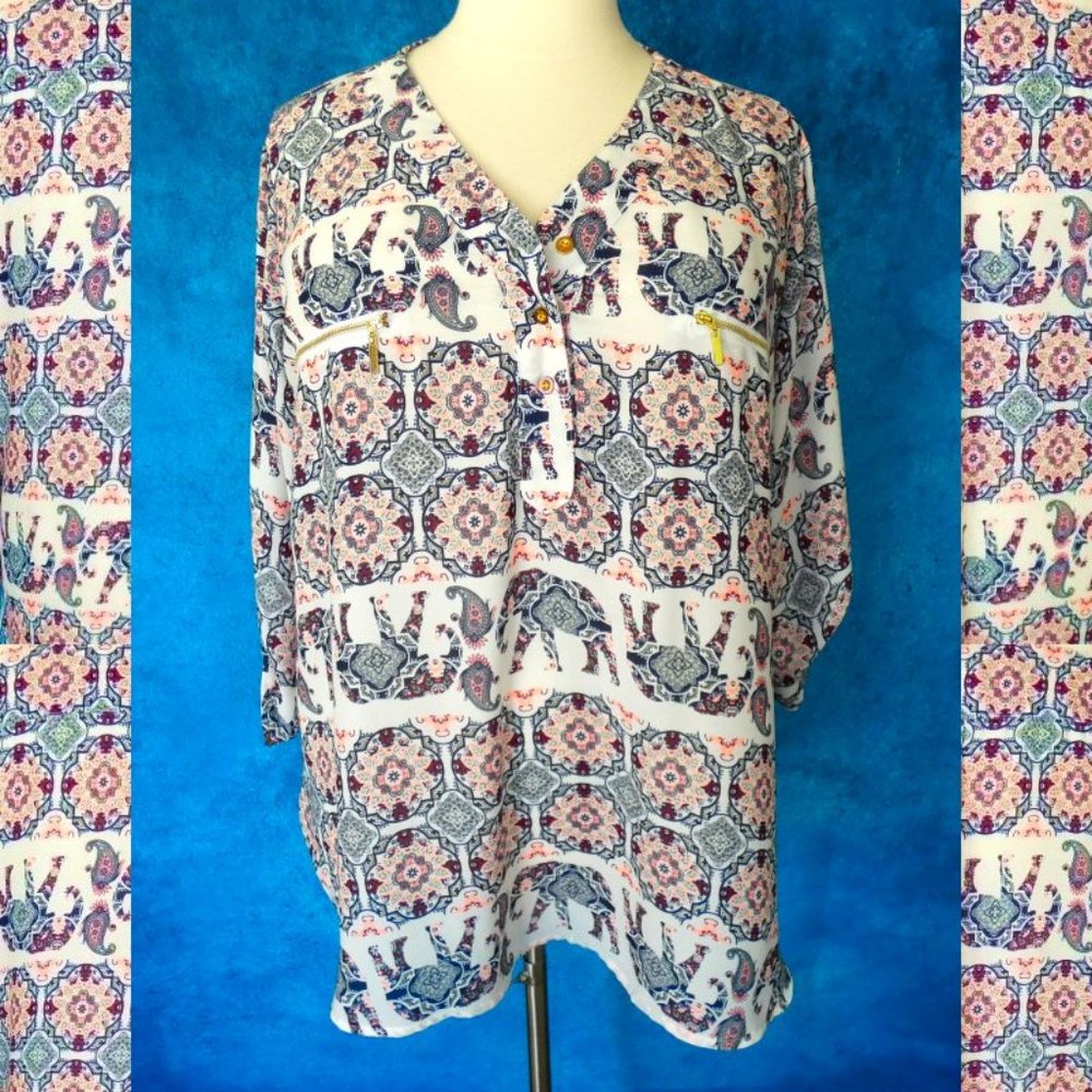 Rue + Boho Elephant Print Chiffon Blouse 3X